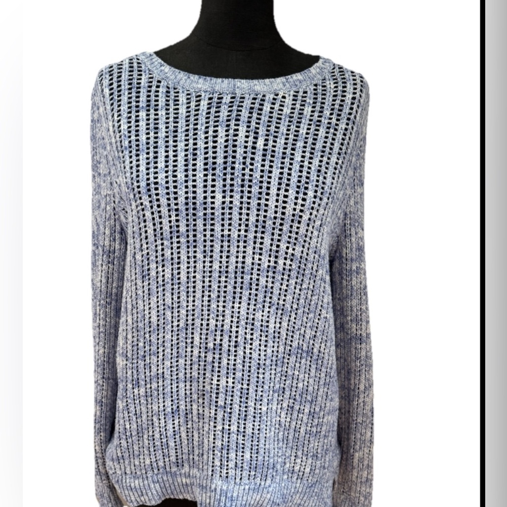 Talbots 100% Cotton Open Knit Chunky Blue White‎ Ladies Sweater Size Medium EUC